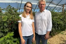 Izabela Majewska-Dudek i dr Paweł Krawiec na plantacji malin w Karczmiskach