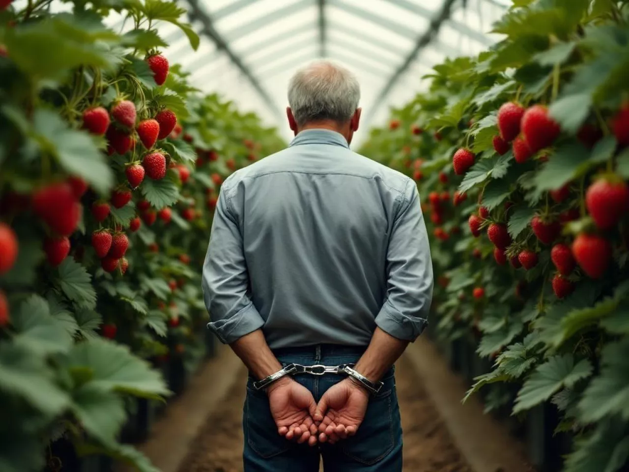 Wyobrażenie plantatora z rękoma w kajdankach na jego plantacji truskawek, AI