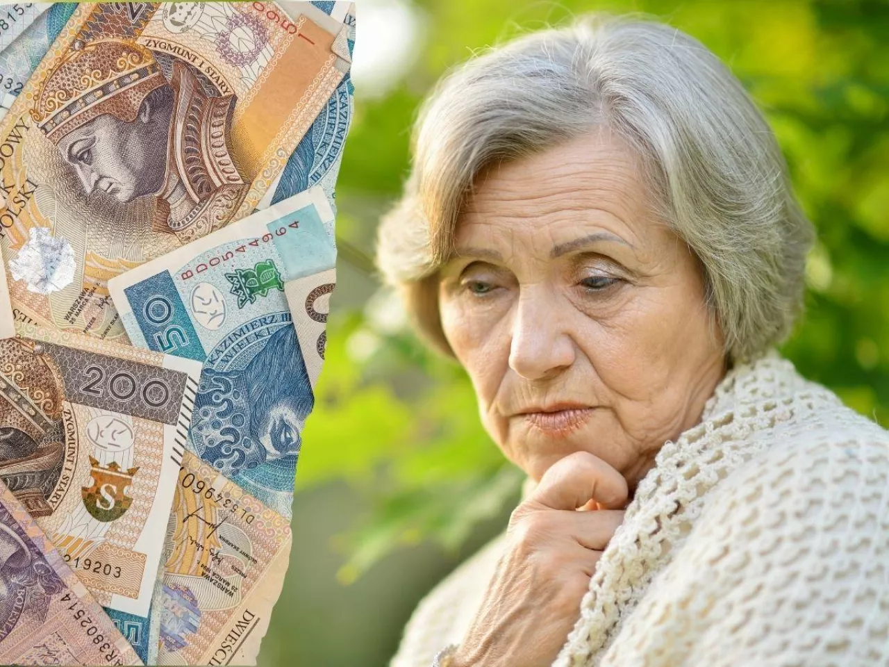 starsza rolniczka, po lewej banknoty polskie