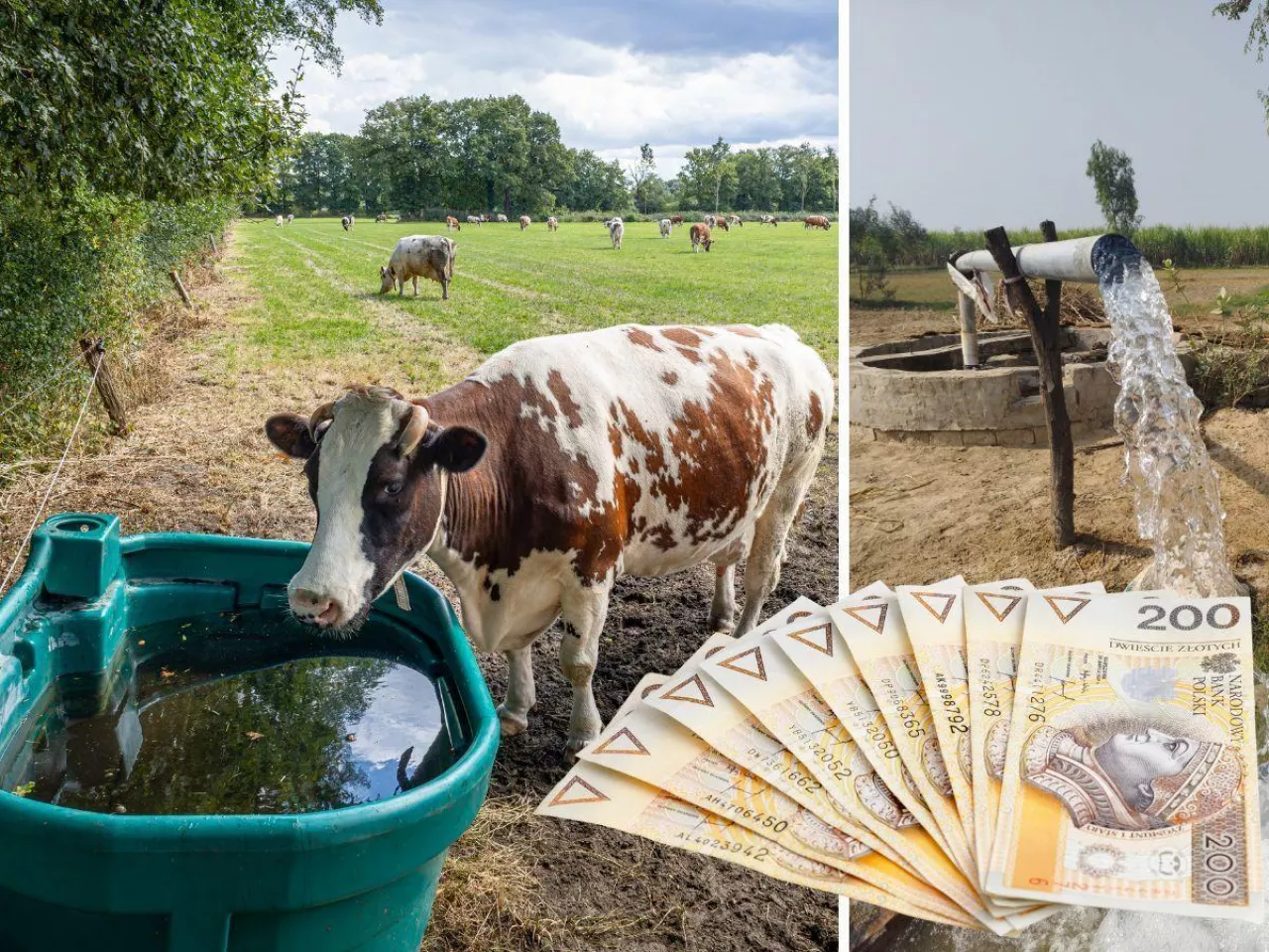 krowy piją wodę, obok woda ze studni, na dole po prawej banknoty polskie